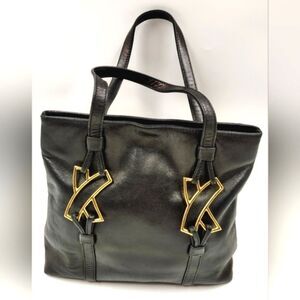 Paloma Picasso Vintage Black Leather Tote Bag Purse   w/Gold Accents